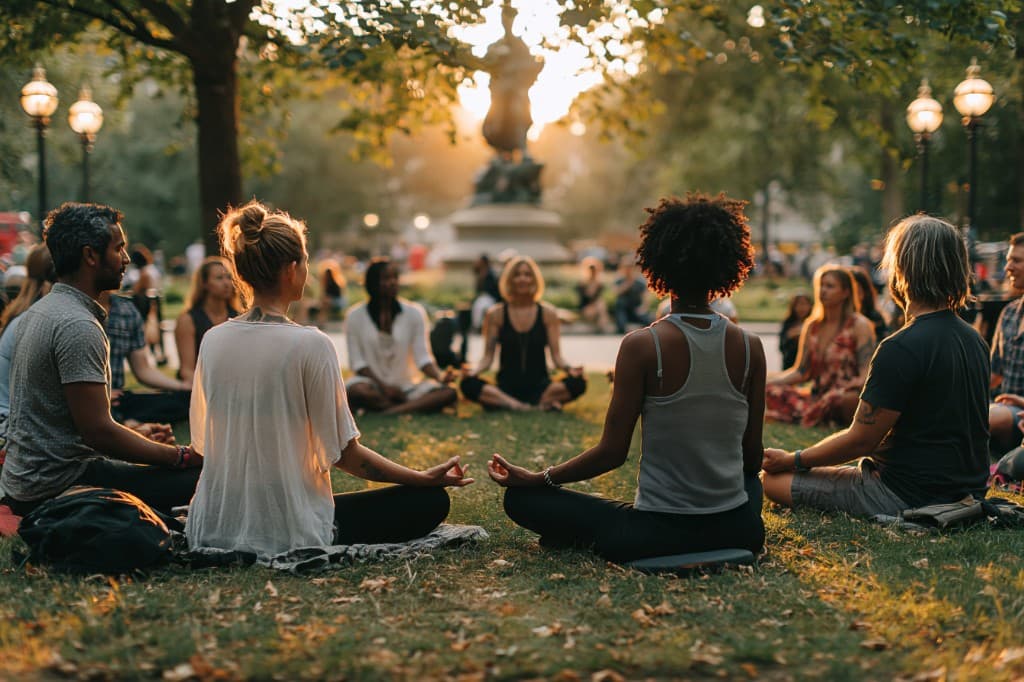 A diverse group of people sitting in a circle on a park lawn practicing meditation together during a golden sunset.