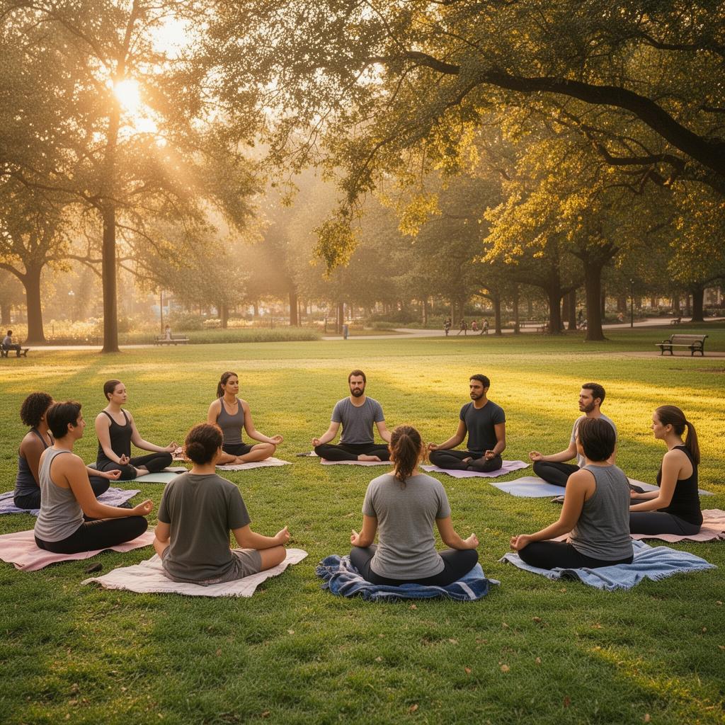 People meditating together in a peaceful park setting