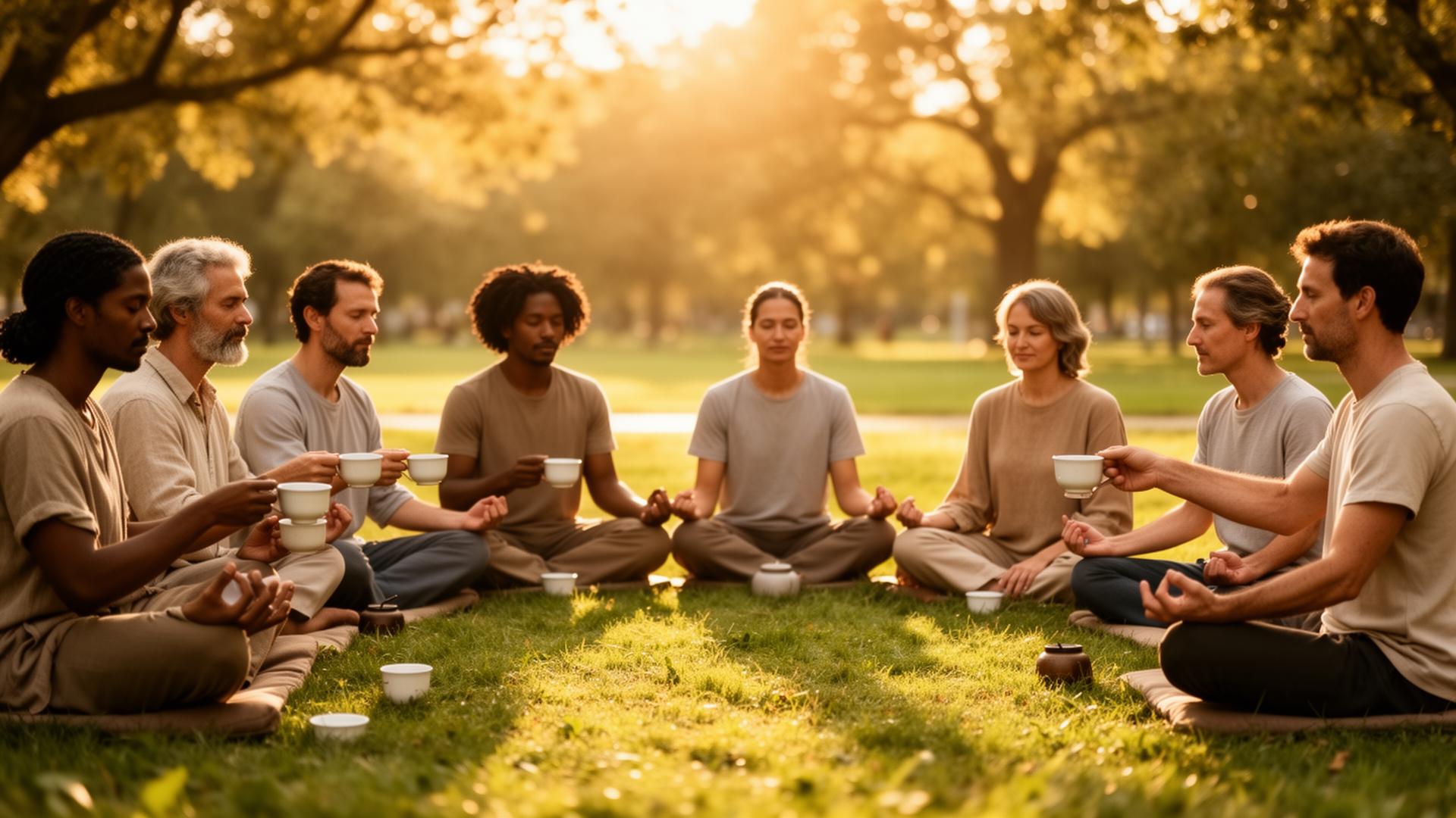 A peaceful outdoor gathering of people sharing tea and meditating in a park at golden hour